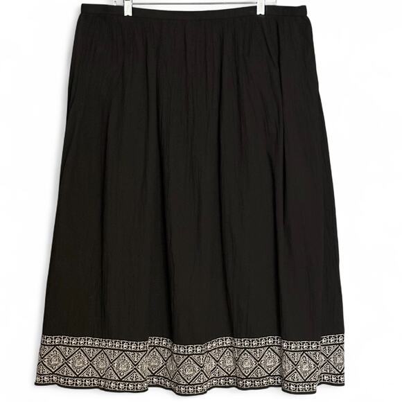 J.Jill Black Embroidered Maxi Skirt XL Crinkle Peasant Boho Elastic Waist Lined - Picture 1 of 9